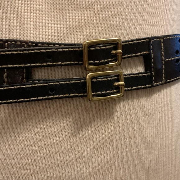 DOUBLE BUCKLE PERFORATED LEATHER BELT  WITH METAL STUDS AND SOMID BRASS BUCKLES - Picture 6 of 14